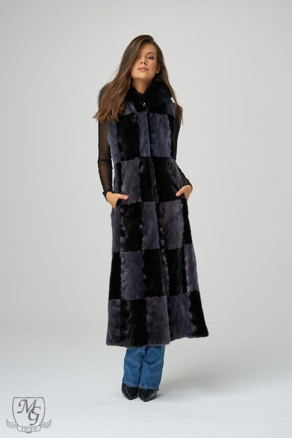 Mink fur vest with hood and fox trim, model 5727