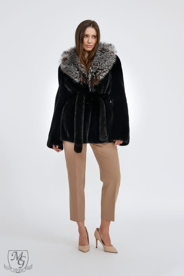 Black mink jacket with silver fox collar, Bianca model