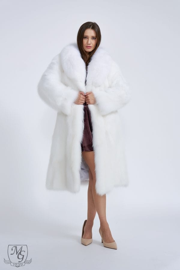 White flat fox coat, model 6414, with shawl collar