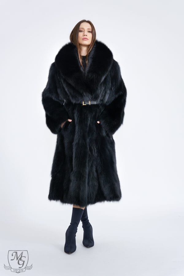 Black fox coat with waist drawstring, model 6414