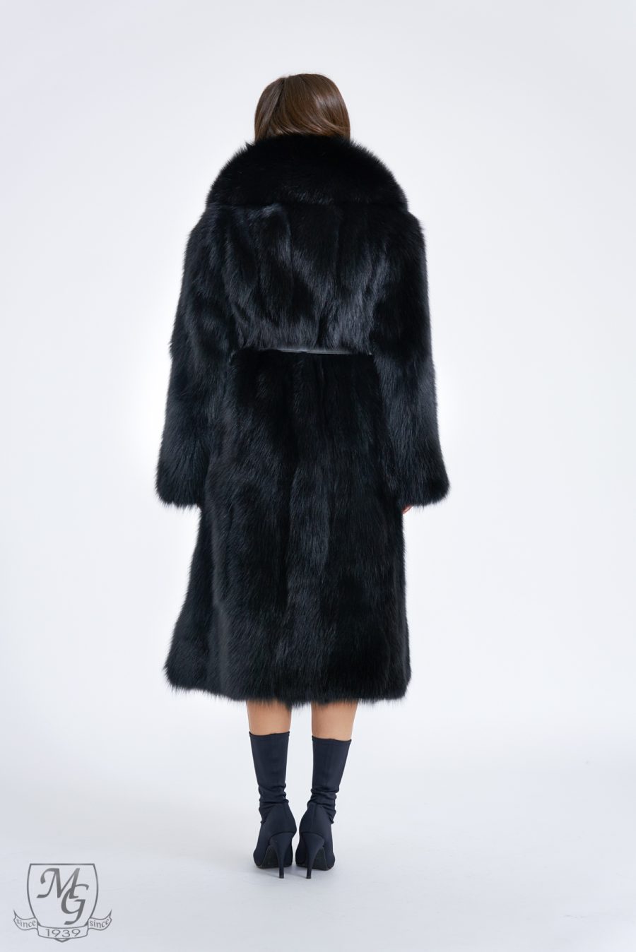 Black fox coat with waist drawstring, model 6414 - Image 4