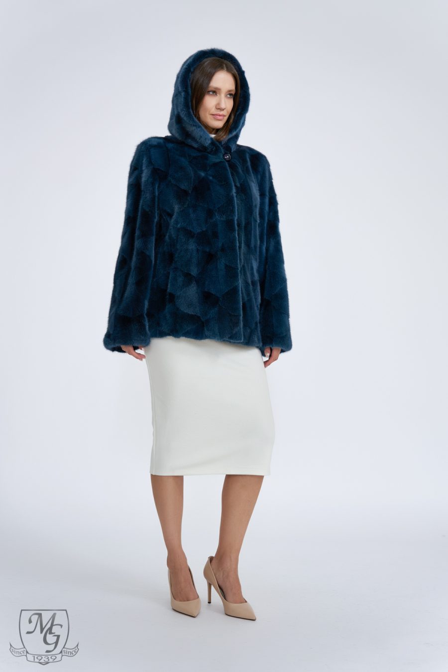 Blue mink jacket with hood, Adriana model - Image 2