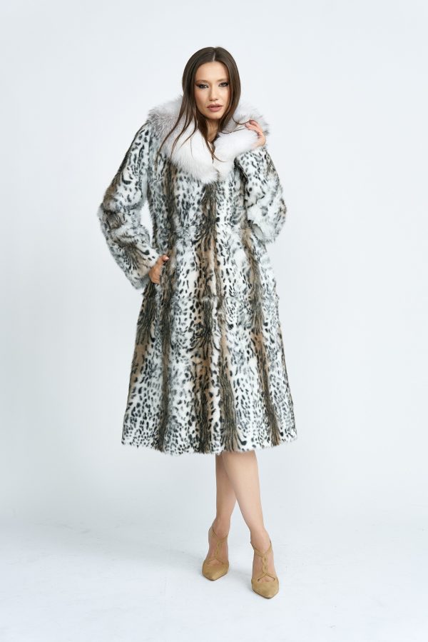 Printed Kid Fur Coat with Shadow Blue Frost Collar